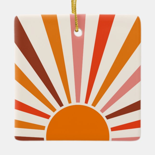 Retro Sol Rays Burst Sunset Orange Gult Red Julgransprydnad Keramik (Framsida)