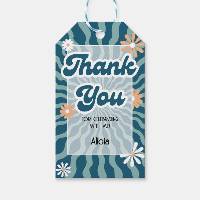Retro Sol Wave Daisy Grönt Birthday Tack Presentetikett (Framsidan)