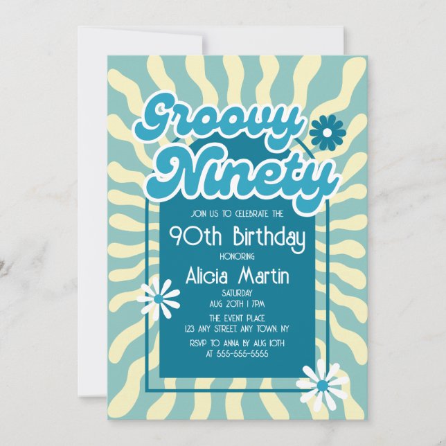 Retro Sol Wave Daisy Groovy Blue 90:e Birthday Inbjudningar (Framsida)