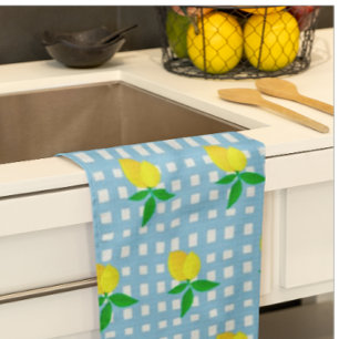 Retro Solgul Citron Blå Vit Rutig Kökshandduk