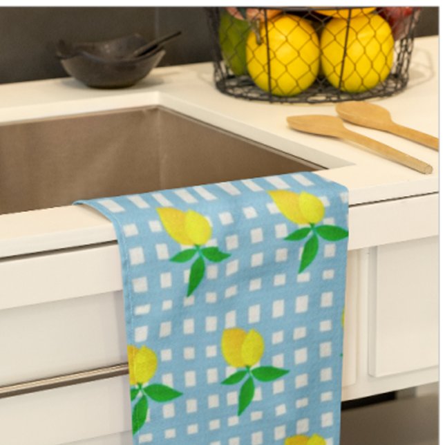 Retro Solgul Citron Blå Vit Rutig Kökshandduk (Sunny lemony accent for the kitchen!)