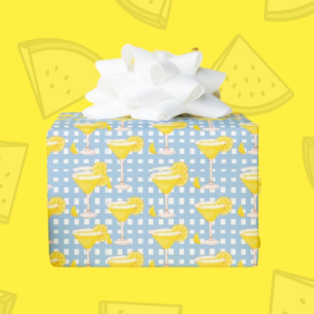 Retro Solgul Citron Drop Blå Vit Rutig Presentpapper (Lemon Drops!)