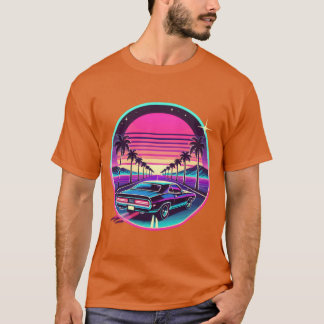 Retro Solnedgång Bil Körning Vaporwave Estetisk De T Shirt