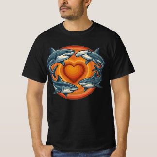 Retro solnedgång haj trupp hjärta cirkel konst t shirt