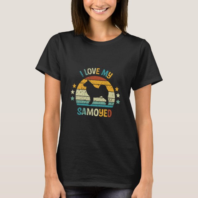Retro Solnedgång Jag älskar min Samoyed T Shirt (Framsida)
