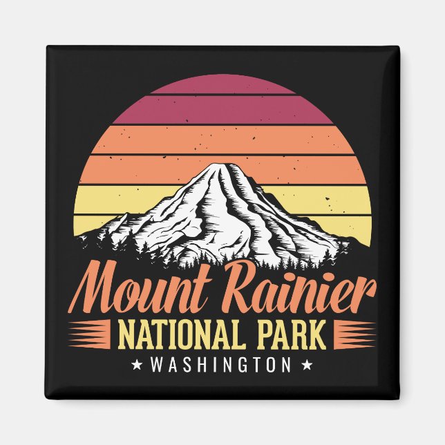 Retro Solnedgång Mount Rainier Washington Illustra Magnet (Framsidan)
