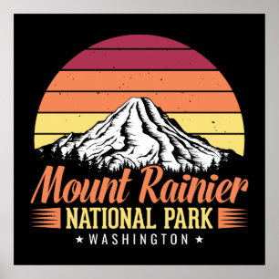 Retro Solnedgång Mount Rainier Washington Illustra Poster