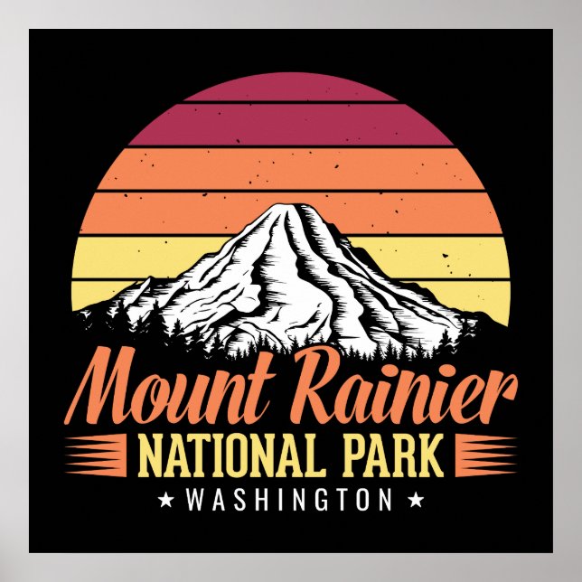 Retro Solnedgång Mount Rainier Washington Illustra Poster (Framsidan)