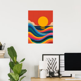 Retro solnedgång oceanvågor Abstrakt Bauhaus finko Poster