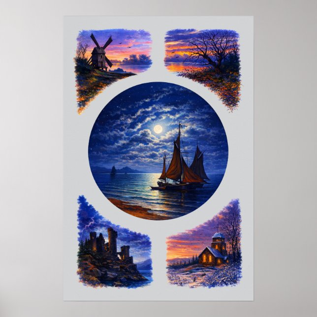 Retro solnedgång och nattliga landskapsvinjetter poster (Framsidan)