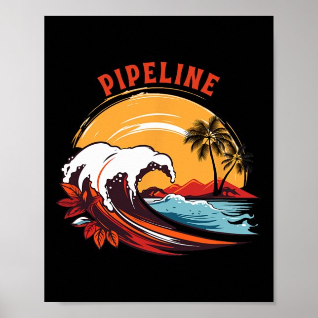 Retro solnedgång Pipeline Hawaii Sommar Surfing  Poster (Framsidan)