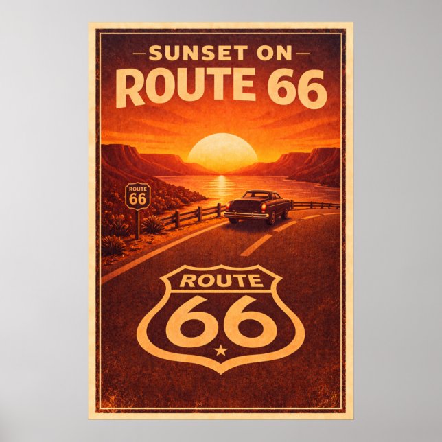 Retro solnedgång Route 66 Vintage resemålning Poster (Framsidan)