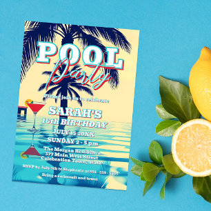 Retro Solnedgång Sommar Poolparty Söt 16-års Födel Inbjudningar