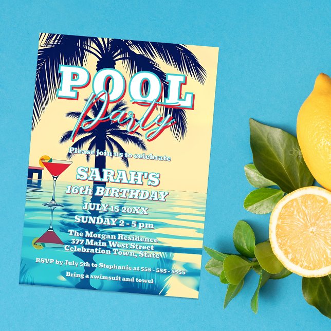 Retro Solnedgång Sommar Poolparty Söt 16-års Födel Inbjudningar (Skapare uppladdad)