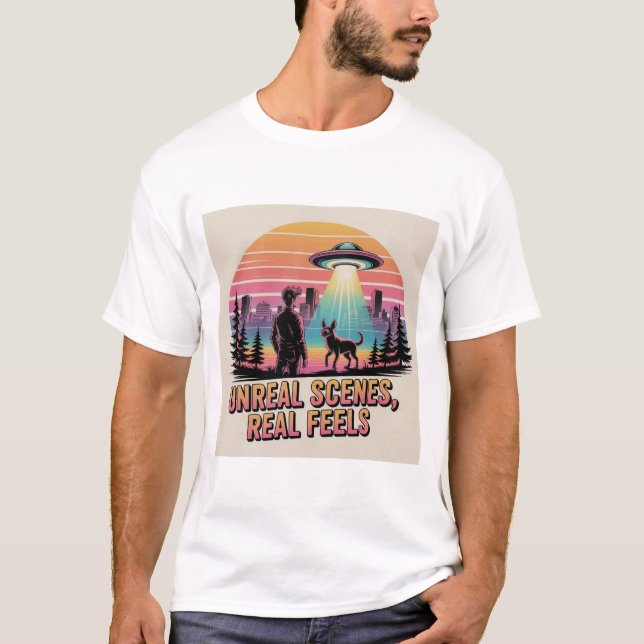Retro solnedgång UFO-bortförande hundägare science T Shirt (Framsida)