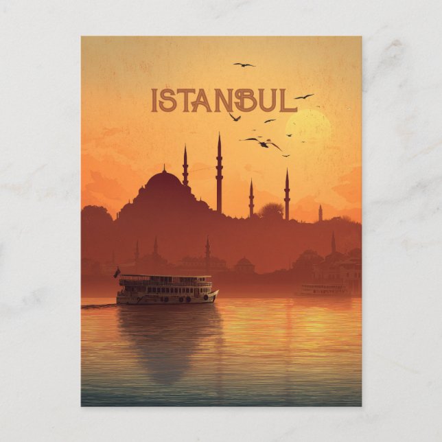 Retro solnedgångsvy Istanbul Turkiet Resa Vykort (Framsida)