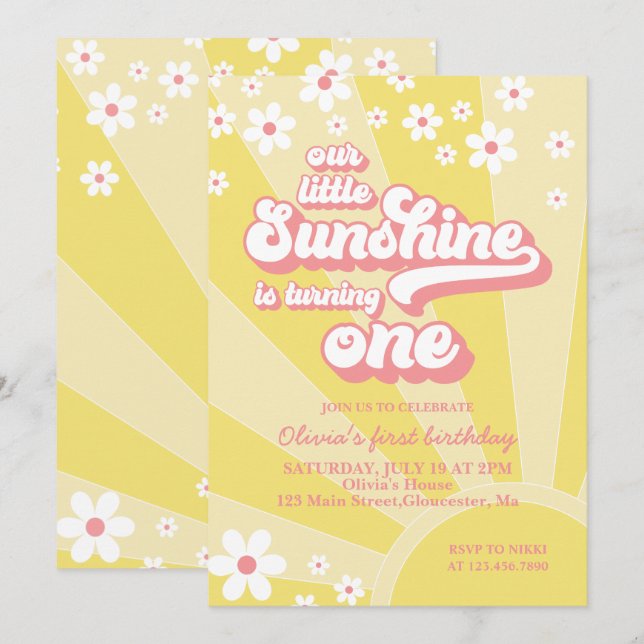 Retro solsken daisy boho blommig första födelsedag inbjudningar (Fram/baksida)