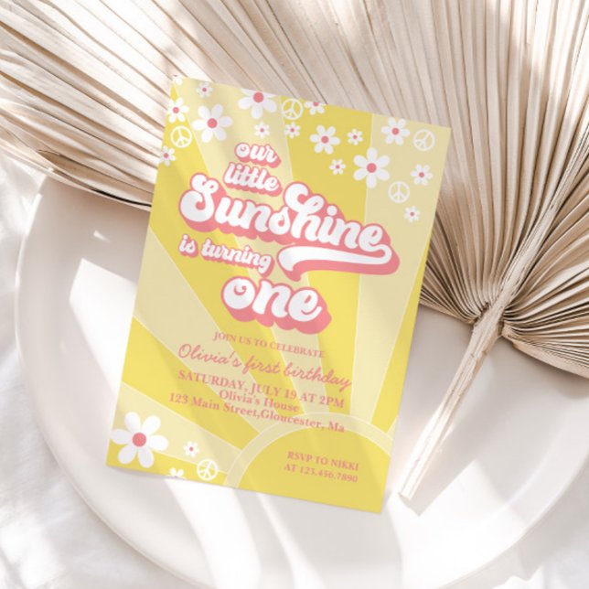 Retro solsken daisy boho blommig första födelsedag inbjudningar (Skapare uppladdad)