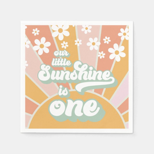 Retro solsken daisy boho blommig första födelsedag pappersservett (Framsidan)