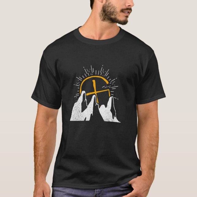Retro solstrålar + X-symbol + Berg - Geocaching T Shirt (Framsida)
