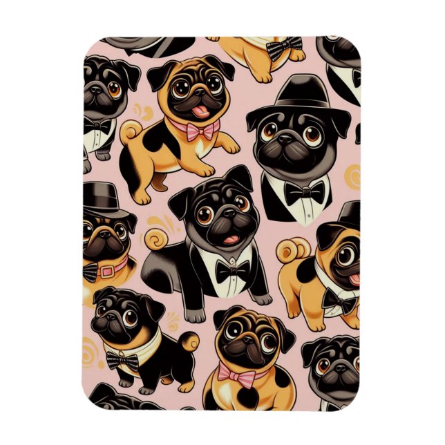 Retro Sömlös Cute Pug Magnet (Vertikal)