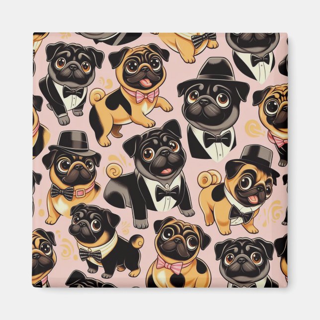 Retro Sömlös Cute Pug Magnet (Framsidan)
