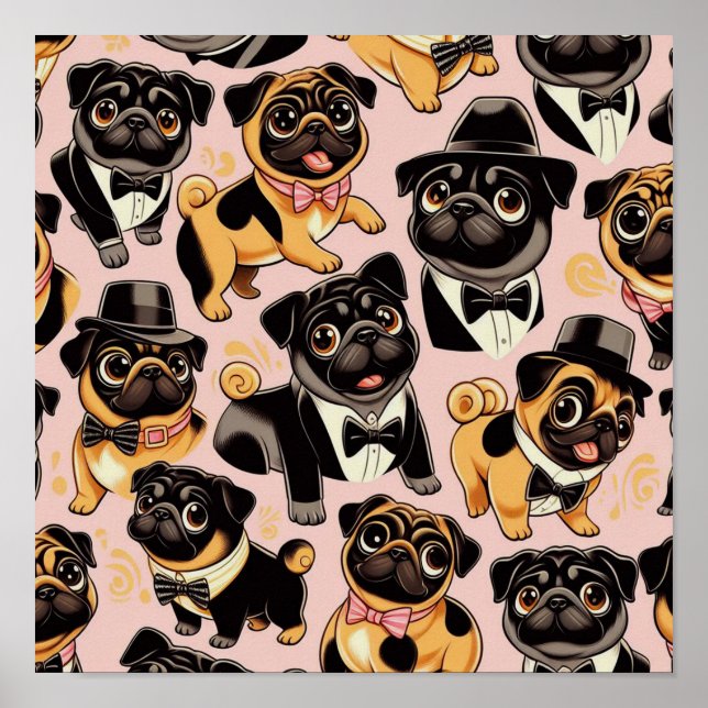 Retro Sömlös Cute Pug Poster (Framsidan)