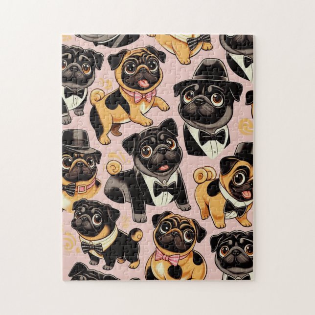 Retro Sömlös Cute Pug Pussel (Vertikal)