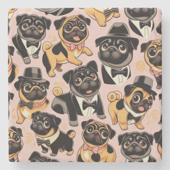 Retro Sömlös Cute Pug Stenunderlägg (Framsidan)