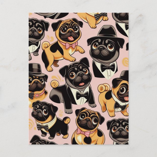 Retro Sömlös Cute Pug Vykort (Framsida)