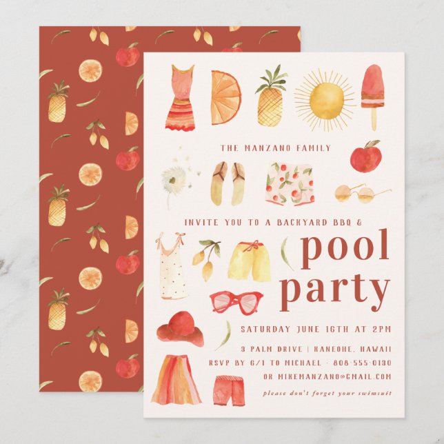 Retro sommar | Basseinvitation Inbjudningar (Fram/baksida)