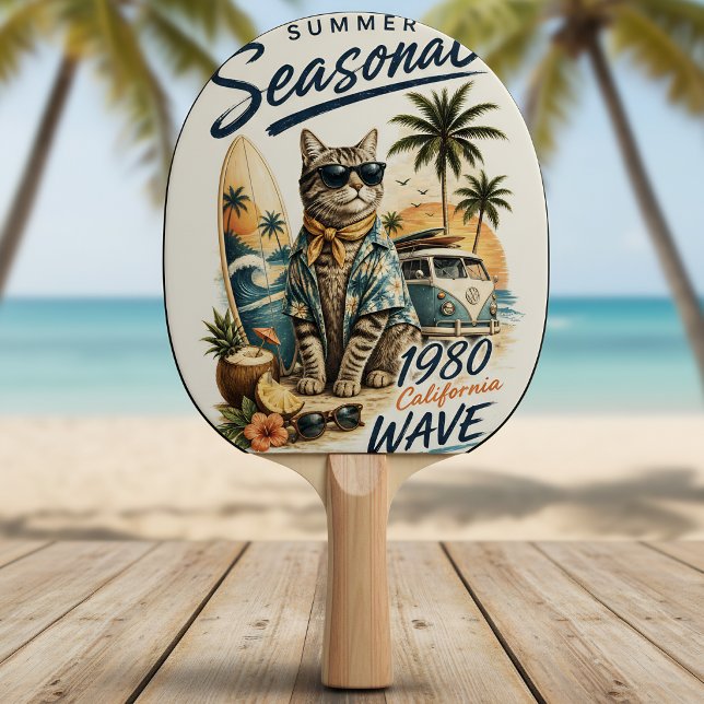 Retro Sommar Katt Surfare Skåpbil 1980-talets Kali Pingisracket (Skapare uppladdad)