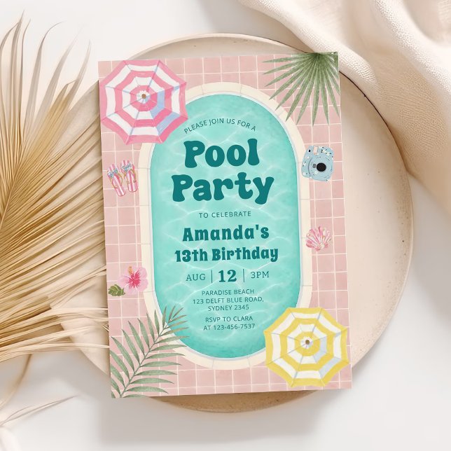 Retro sommar poolparty födelsedagsinbjudan inbjudningar (Skapare uppladdad)