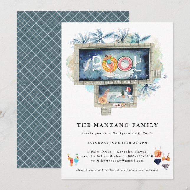 Retro sommar | Poolparty inbjudan (Fram/baksida)