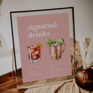 Retro sommar rosa vattenfärg signerad drinks-skylt poster