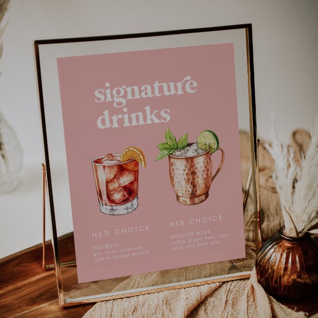 Retro sommar rosa vattenfärg signerad drinks-skylt poster (Retro Summer Pink Watercolor Signature Drinks Sign)