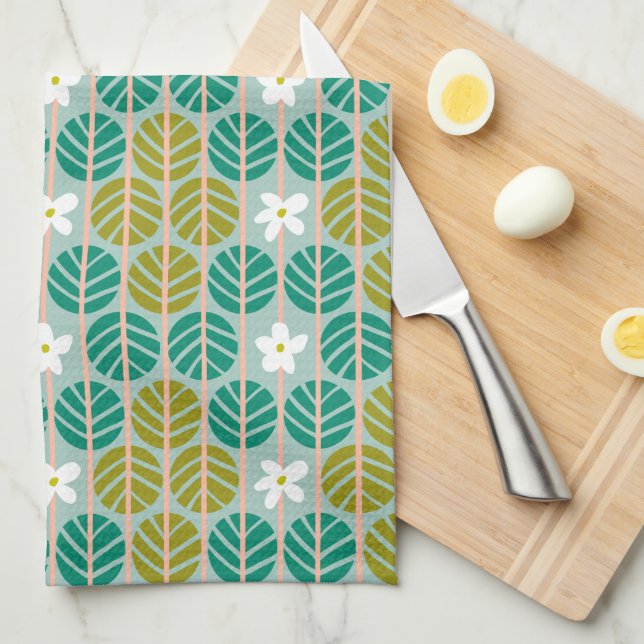 Retro Sommargrönt och rosa blommigt strimlad Kökshandduk (Vikt i Fjärdedel)
