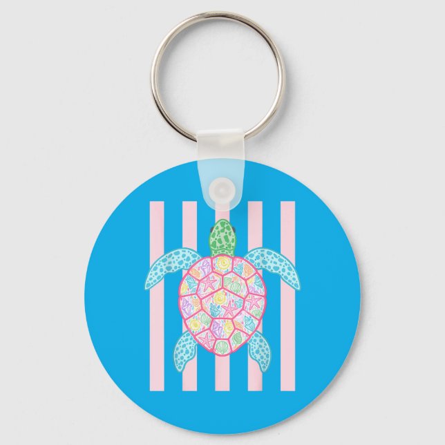 Retro sommarränder Preppy strand havssköldpadda Nyckelring (Framsida)