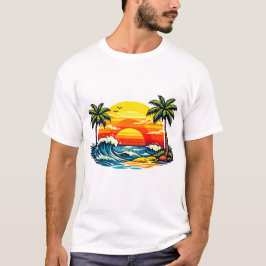 Retro sommarsolnedgång Palmträd Strand Vågor Vinta T Shirt