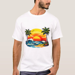 Retro sommarsolnedgång Palmträd Strand Vågor Vinta T Shirt