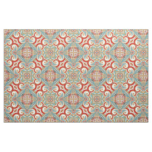 Retro Söt Chic Red Teal Blommigt Mosaic Mönster Tyg
