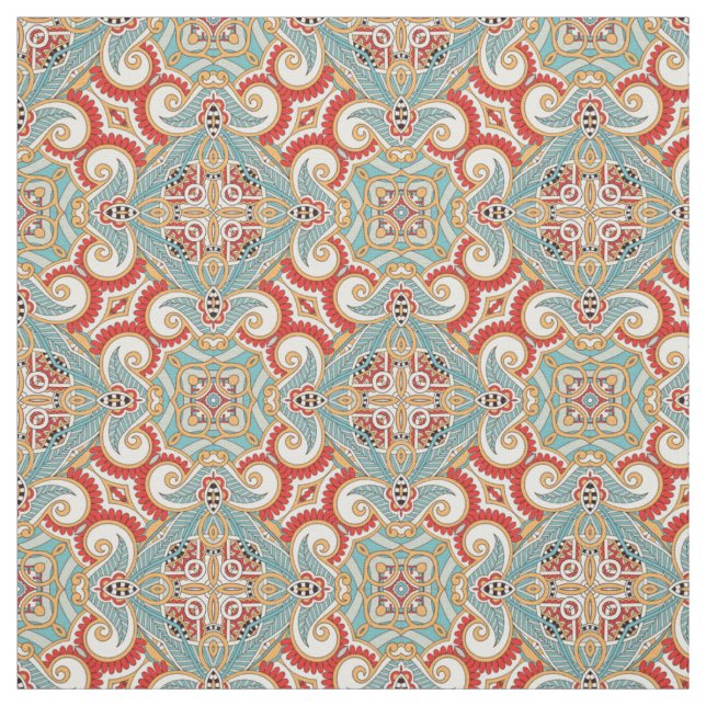 Retro Söt Chic Red Teal Blommigt Mosaic Mönster Tyg (Provkarta)