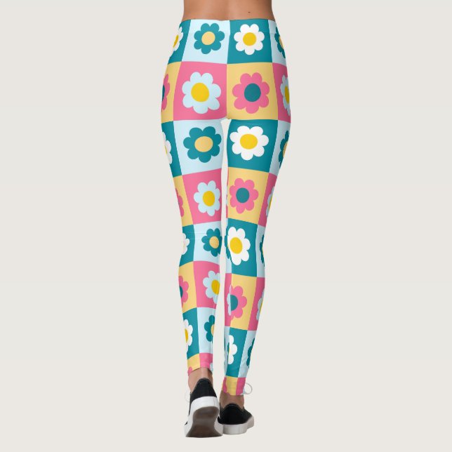 Retro Söt färgglad Pastell Färg Blommor Mönster  Leggings (Baksida)