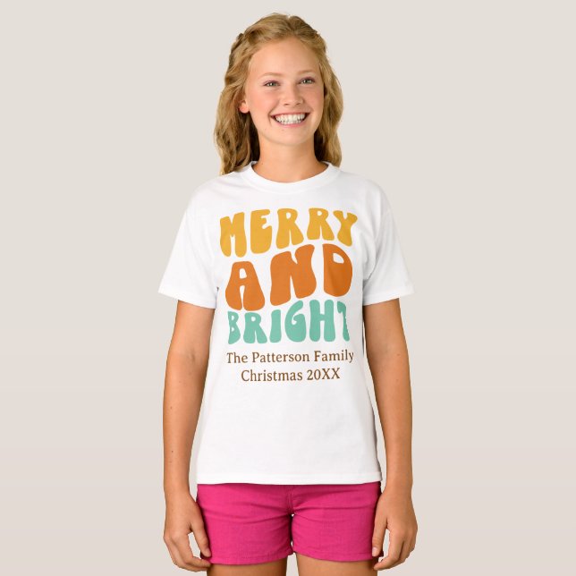 Retro Söt Glad och Ljus Jul för Flickor T Shirt (Hel framsida)