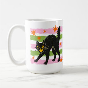 Retro Söt Halloween Svart Katt med Ränder och Stjä Kaffemugg