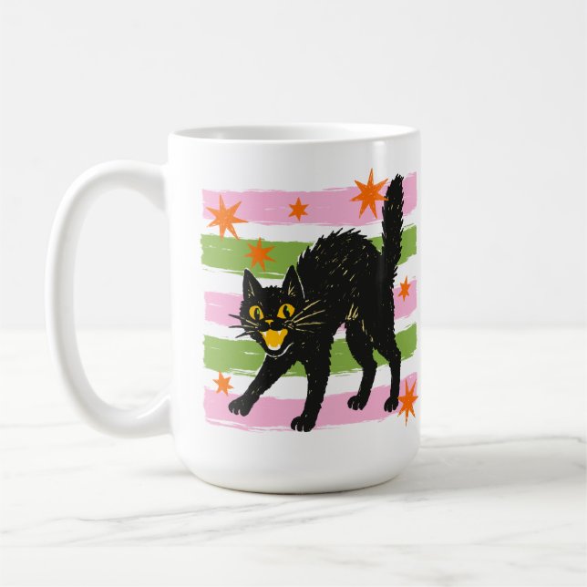 Retro Söt Halloween Svart Katt med Ränder och Stjä Kaffemugg (Vänster)