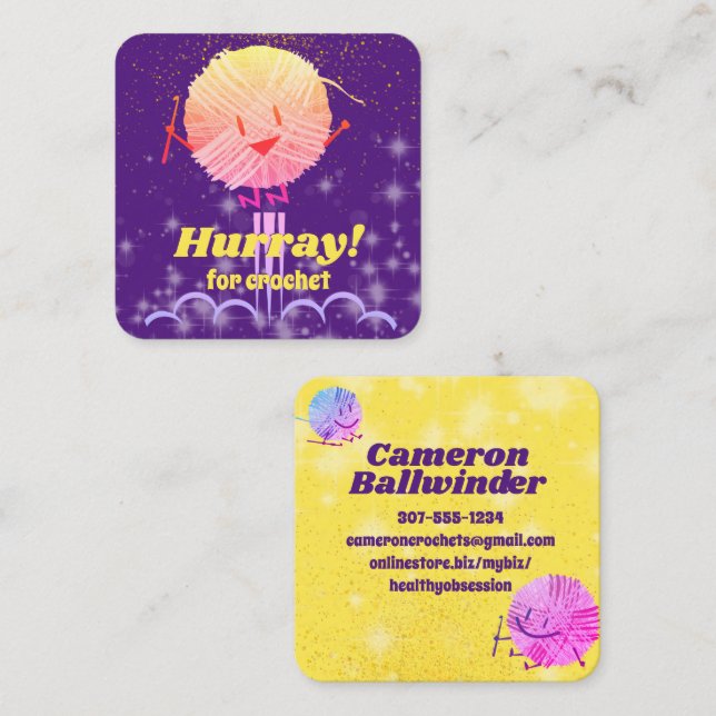 Retro, söt, hoppande, mantelgarn, kroketen krok bu fyrkantigt visitkort (Fram/baksida)