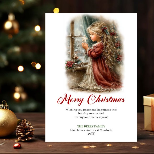 Retro Söt Liten Flickas Högtids Scen Julkort (Retro Cute Little Girl Holiday Scene Greeting Card

)