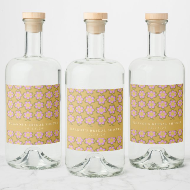 Retro Söt Mod Blommig Gul Anpassad Bröllopsdusch Spritflaskor Etikett (Flaskor)