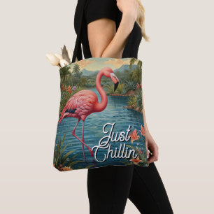 Retro söt rosa flamingo tropiskt paradis   tygkasse